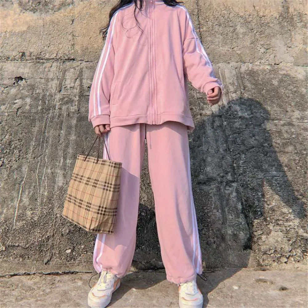 Women Street Set Sportswear Casual Suit Female Pink Korean Trend Loose Simple Student Small Two-Piece Suit Spring Autumn fashion