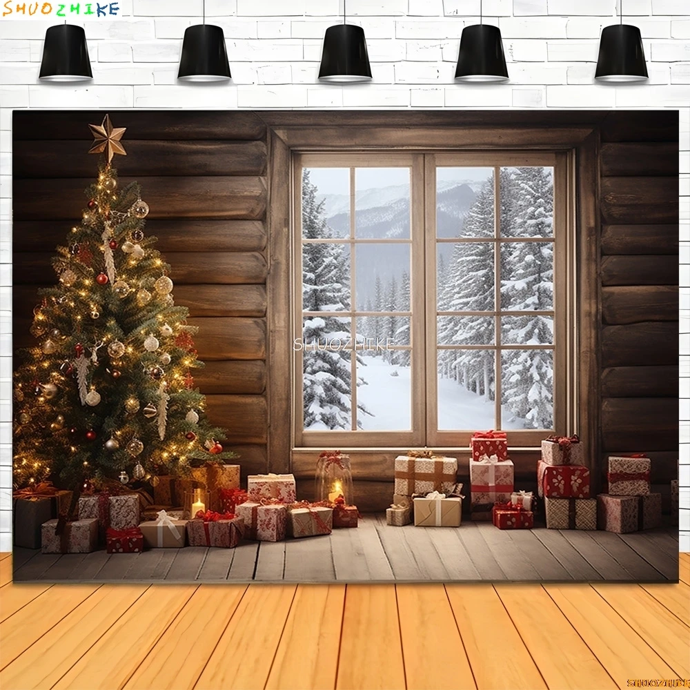Christmas Tree With Wooden Floor Photography Backdrops Pinecones Snow Fireplace New Year Winter Holiday Party Background DT-28