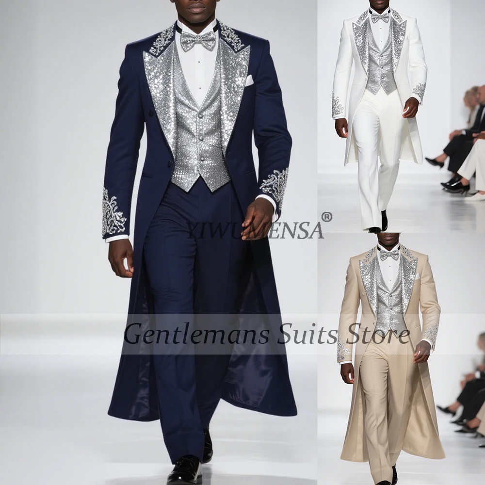 

Роскошные мужские костюмы из бисера, комплект из 3 предметов, блестящие вечерние пиджаки с лацканами и блестками, длинные свадебные смокинги для жениха, костюм по индивидуальному заказу homme