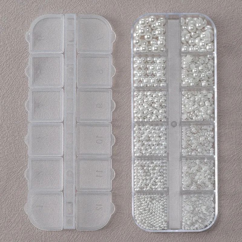 12 شبكات ثلاثية الأبعاد مختلط الأبيض اللؤلؤ مسمار السحر 0.15-0.5 مللي متر الجولة/نصف دائرة حبات اللؤلؤ مسمار الفن الراين DIY بها بنفسك مانيكير اكسسوارات