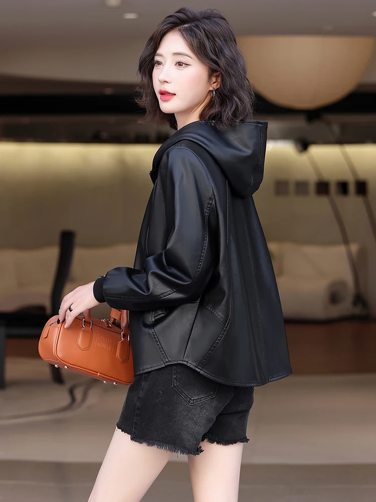New Women Casual Leather Jacket Spring Autumn Fashion Hooded Zipper Split Leather Loose Outerwear Short Sheepskin Tops Coat