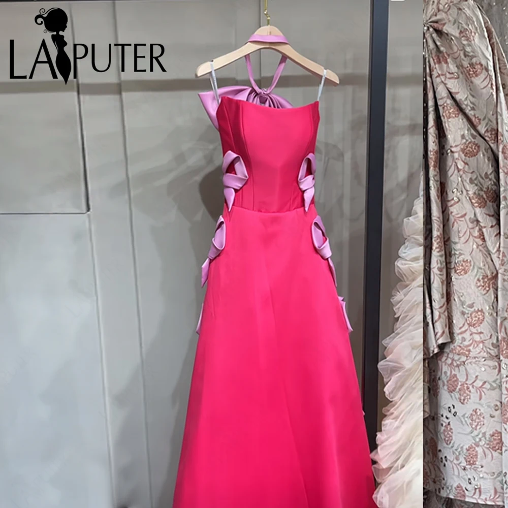 Fuchsia Satin Ballkleider A-Linie Schulterfrei Schleife Knoten Abendkleid Neckholder Band Elegantes Damen-Berühmtheitskleid 2024