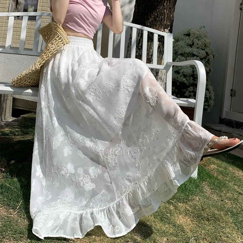 White Embroidered Heavy Lace Flower Half Skirt Women's High Waist Loose Wide Hem Umbrella Skirt Polyester Fiber Long Skirt