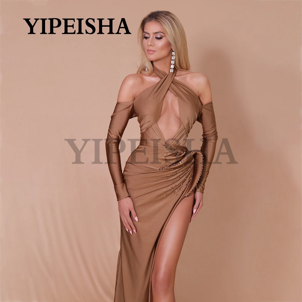 Vestidos de Noche de sirena con cuello Halter, sexys, con abertura lateral alta por debajo del hombro, con cuentas de lentejuelas, largos, para baile de graduación