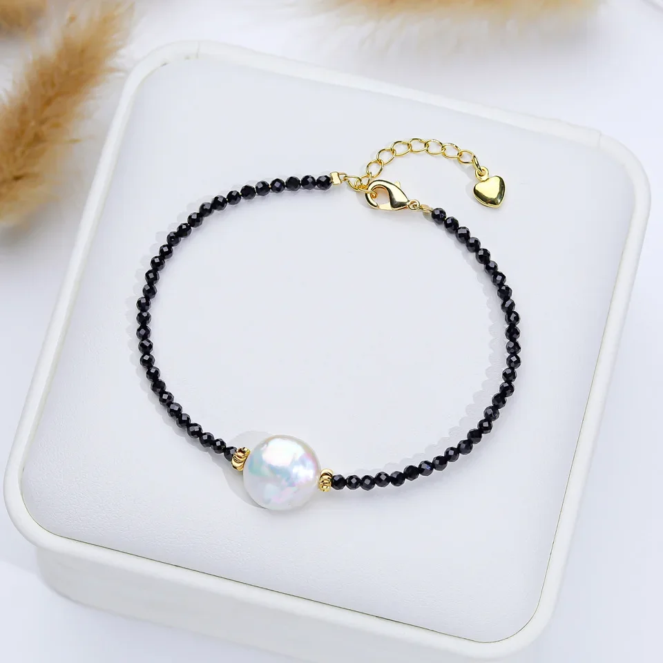 HENGSHENG 12-13mm Big Baroque Freshwater Pearl Bracelet for Women Black Crystal Stone 16cm 925 Sterling Silver Bracelet Girls