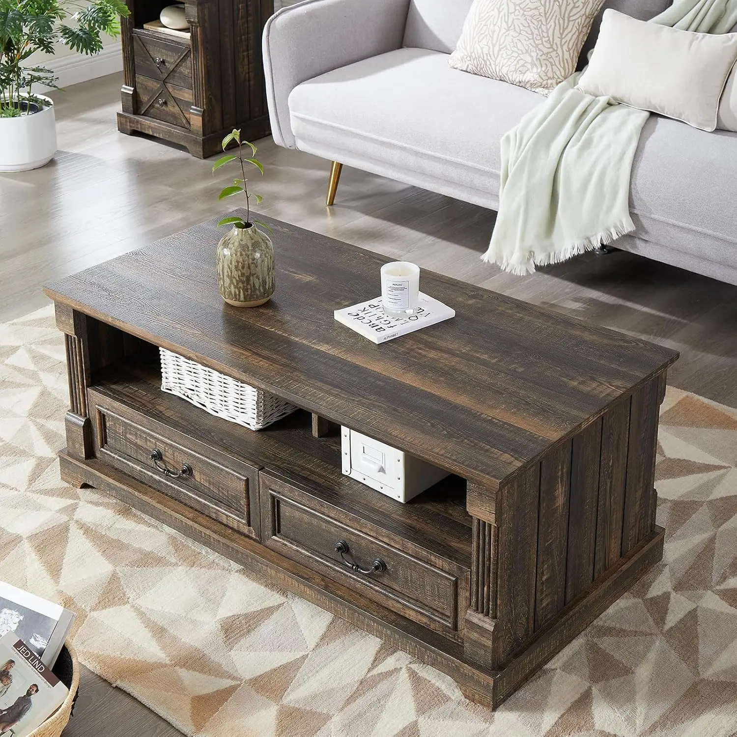 48'' Wood Coffee Table For Living Room, Farmhouse Coffee Table With Storage, Rustic Center Table For Living Room With 4