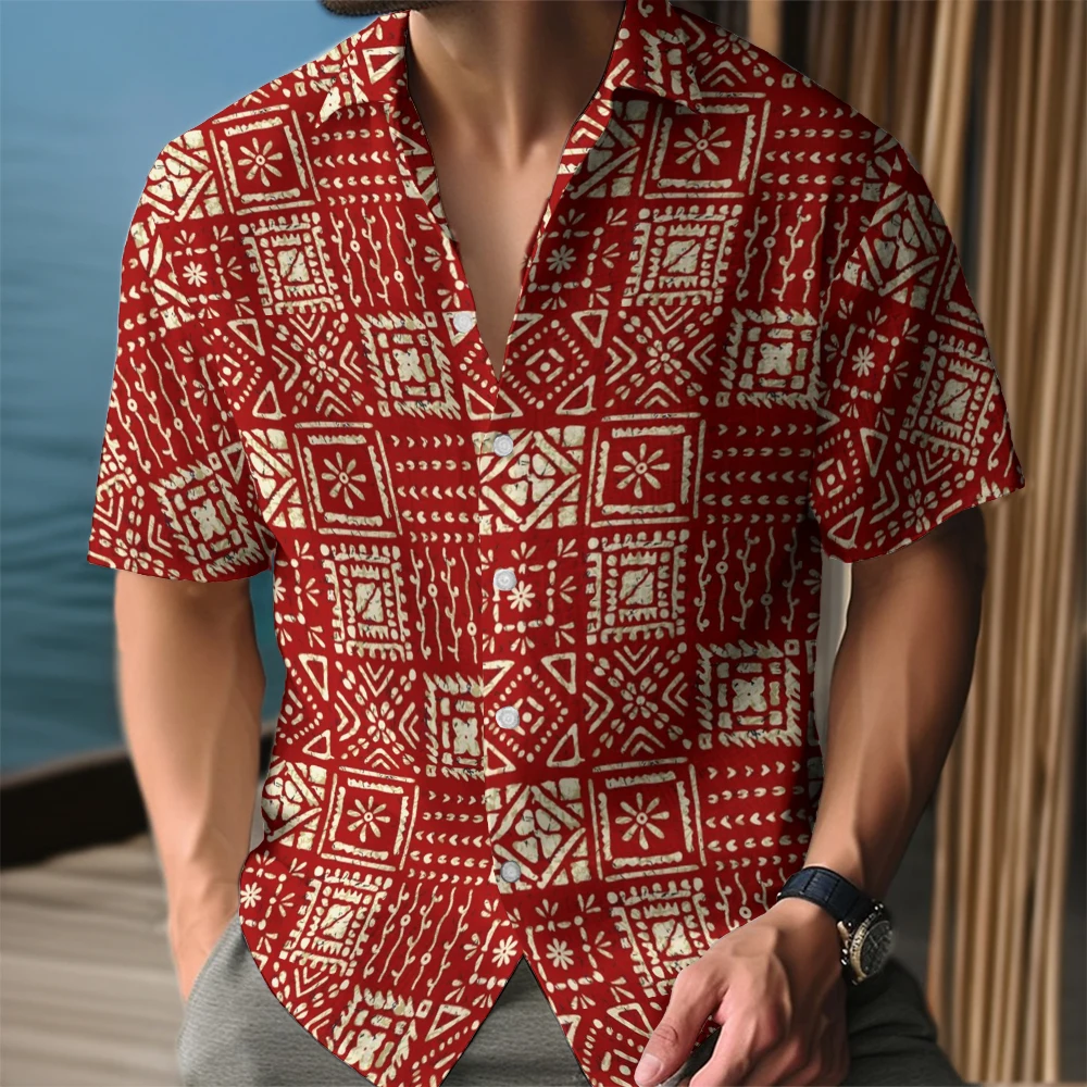 Summer Men\'s Shirt Ethnic Pattern Print Shirt Casual Short Sleeve Street Fashion Male Oversized Clothing Cardigan Hawaii Shirt