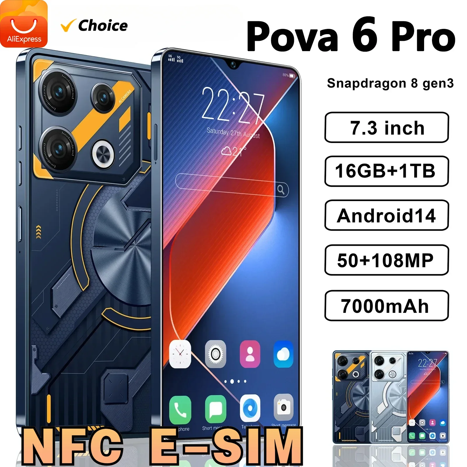 

ZNR Original Pova 6 Pro Flagship Global Edition Smartphone 5G+ Dimensity 9200 7.3-inch LPDDR5X 22G+2TB 50+108MP Android 14 NFC