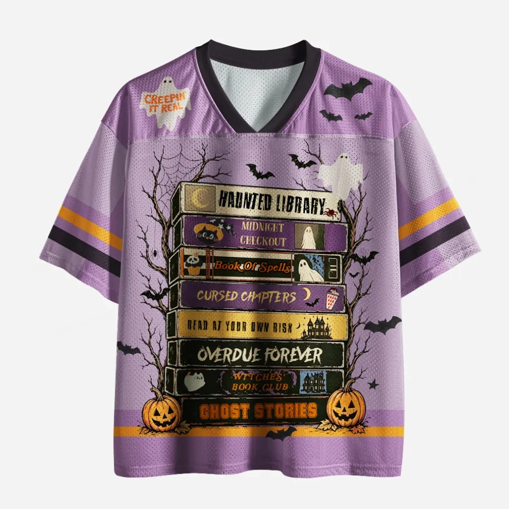 Halloween Ghost Library V-neck Mesh Jersey Unisex Oversized Loose Short Sleeved Pumpkin Dark Fun 3D Printed Top