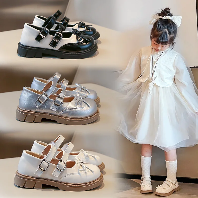 

2025 новая модная популярная красивая кожаная обувь для девочек, весенне-осенняя детская обувь на плоской подошве с бантом, детская модная обувь