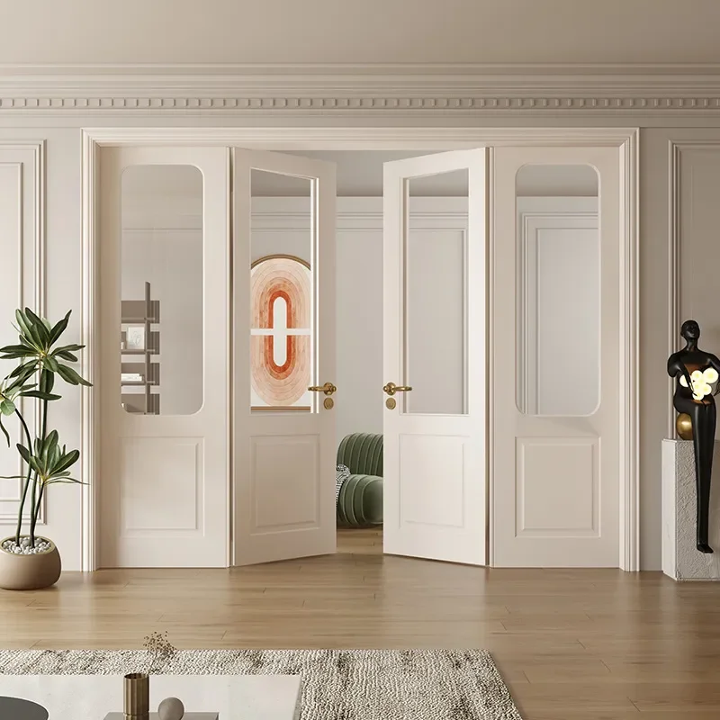 French Style White Retro Kitchen Cabinet Four Double Doors Composite Paint Finish Modern Study Room Storage Furniture