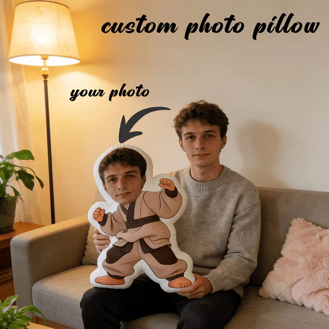 A Customized Personalized Throw Pillow Featuring a Taekwondo-themed Design with Your Own Face. A Unique and Distinctive Gift for