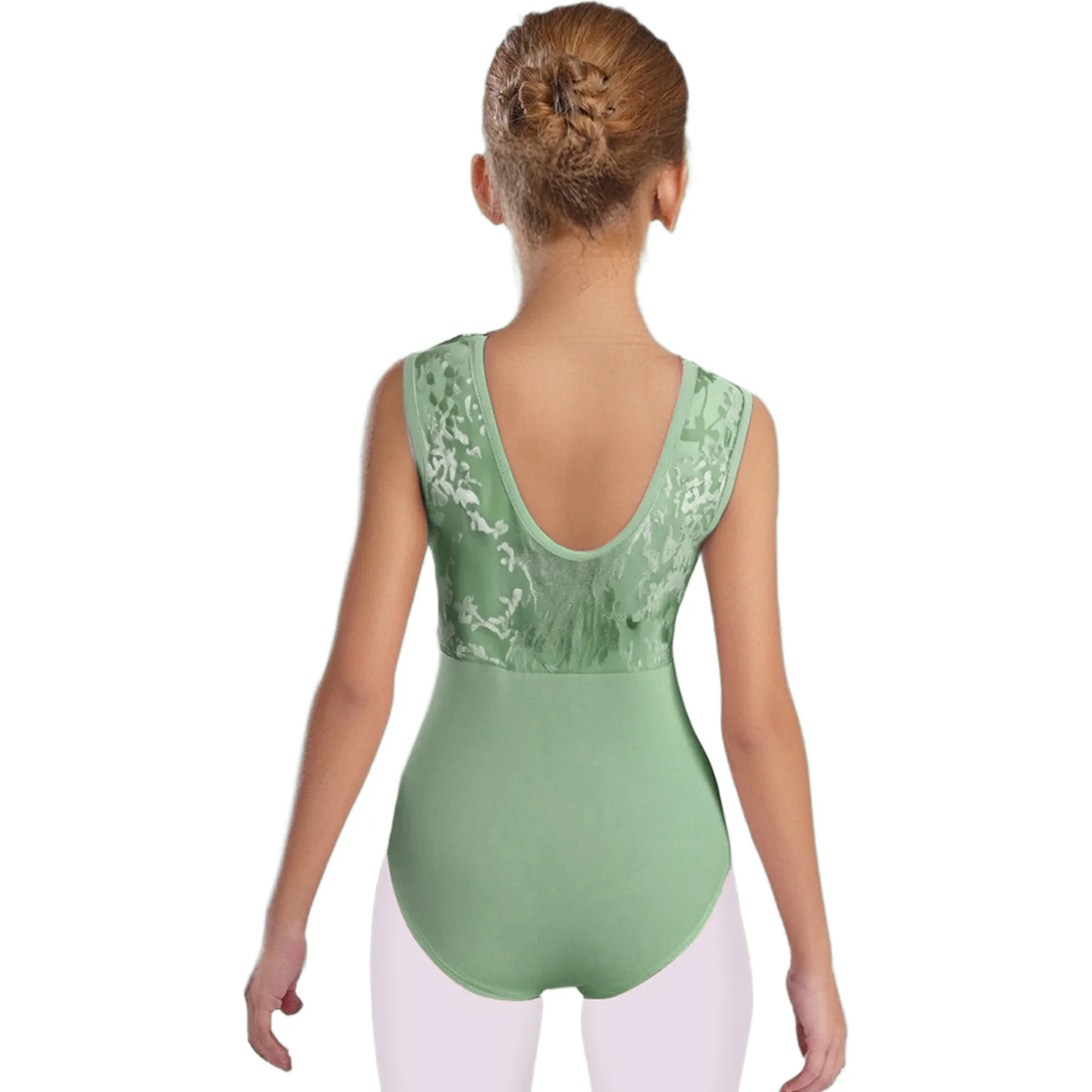 Kids Girls Ballet Practice Performance Dance Leotards Lyrical Sleeveless Velvet Printed Mesh Ballet Gymnastics Dance Leotard