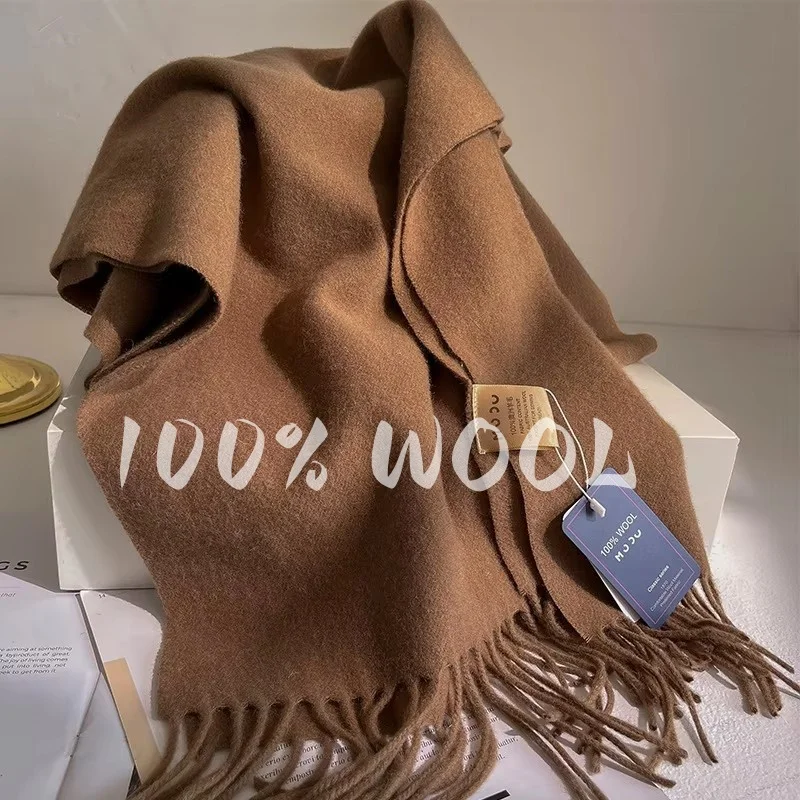 

Вязаный шарф женский, 100% шерсть, зимние теплые шарфы, яркий однотонный дизайн, утолщенная шаль, мягкая пашмина, новинка 2023 года