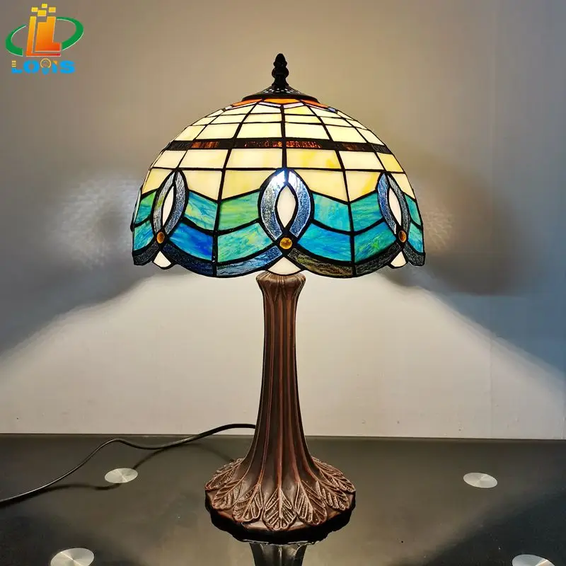 30CM European Antique Minimalist Desk Lamp Tiffany Style Living Room Study Reading Glass Lighting Metal Base E27 LED Bulb