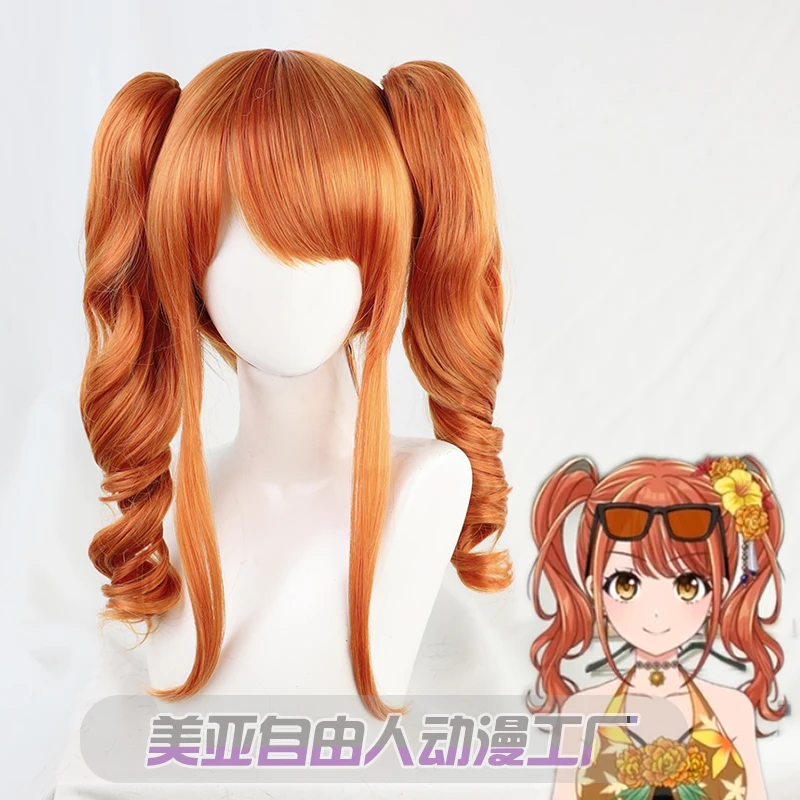 D4DJ Merm4id Seto Rika Cosplay Wig Orange Long Curly Twin Ponytails Hair Halloween Party Wigs + Wig Cap + Horns PropsAccessory image 5