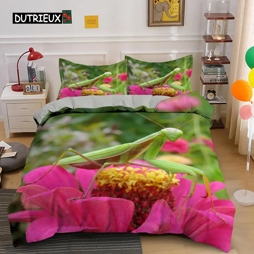 

Green Praying Mantis Duvet Cover King Queen Size Insect Theme Bedding Set for Kids Teens Adults Wildlife Quilt Cover Pillowcase