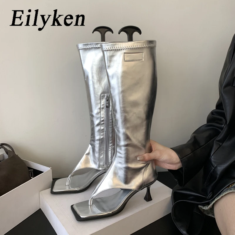 Eilyken Open Toe Clip-On Women Knee High Boots Sock Booties Thin Low Heels Side Zipper Spring  Party Pumps Sandals Shoes