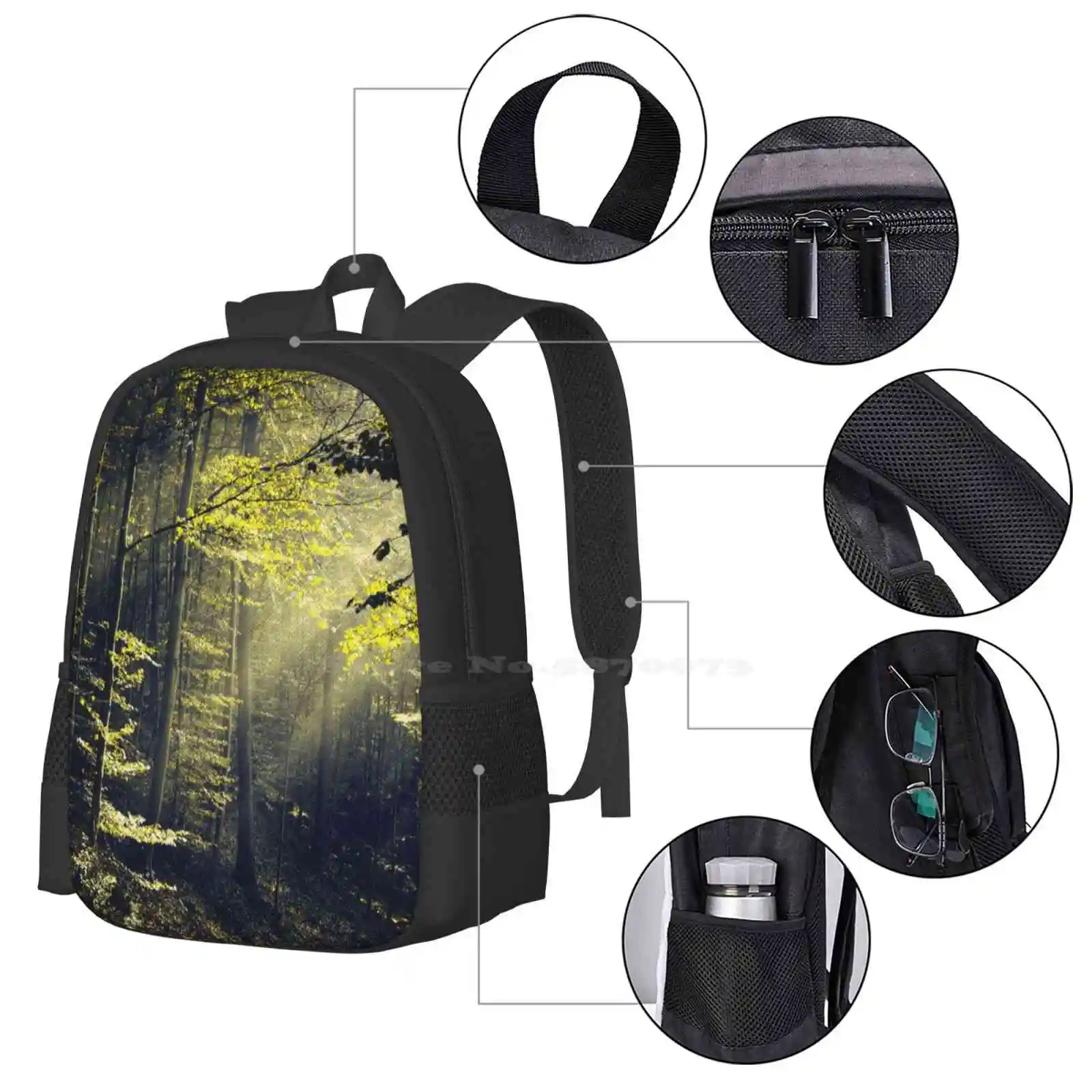 Being There-Morning Light In Forest Pattern Design Laptop Travel School Bags Rays Of Light Hill Deciduous Woods Misty Landscape