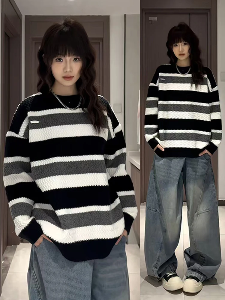 

Мужской утепленный зимний свитер в американском стиле, вязаный в полоску, повседневный, свободного кроя, мягкий, средней толщины, с круглым вырезом