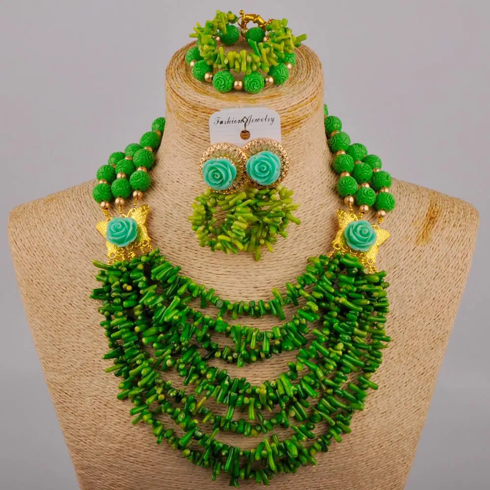 New African Women's Wedding Accessories Nigeria Bride Wedding Dress Accessories Green Coral Fragmented Branch Necklace Set XK-46