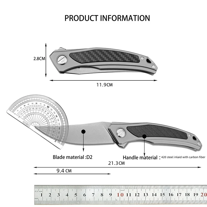 Bear Head Quantum Folding Knife, Tactical Hunting D2 Blade Outdoor Camping 420 Steel Inlaid Carbon Fiber Handle EDC Small Knife