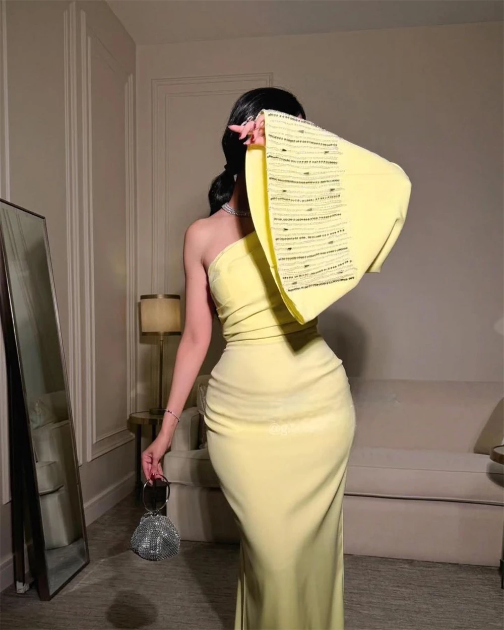 Customized Evening Dress Exquisite Jersey One Shoulder Long Sleeves Straight Floor Length Beading Ruched Special Occasion Gowns