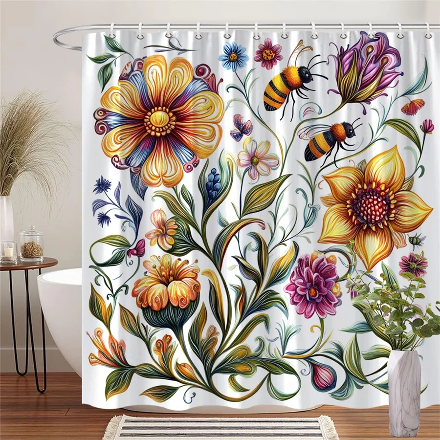 

1шт яркая цветочная занавеска для душа с подсолнухами, ромашками и лилиями, изготовлена из полиэстера, которую можно стирать в машине, подходит для ванной комнаты