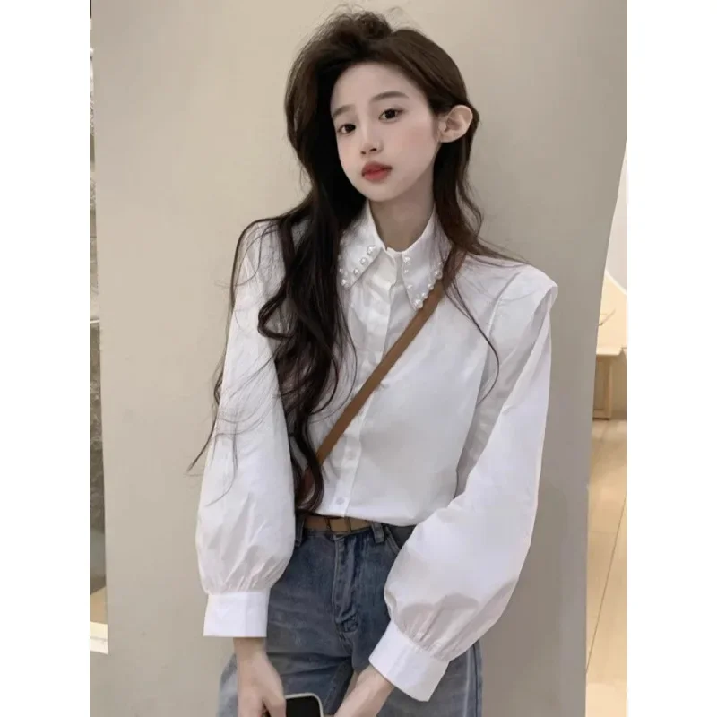 Pérola lapela camisa preta feminina manhã primavera estilo preguiçoso high-end casual solto camisa de manga comprida jaqueta topo