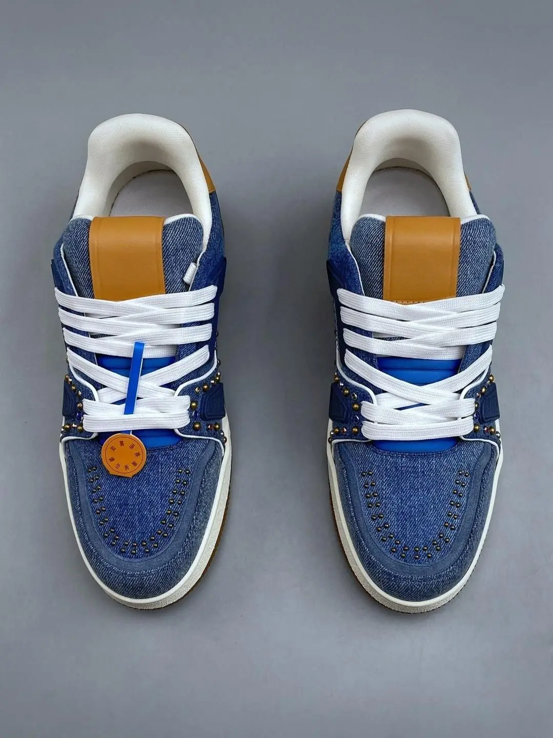 Unisex Denim Studded Skate Sneakers Denim & Leather Patchwork Lace Up Round Toe Flat Sole Casual Walking Shoes