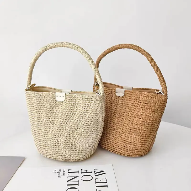 Korean Fashion Vacation Mini Paper Straw Summer Shoulder Handbags Bucket Bag Oblique Backed Beach Bag 2024 New Designer Tote Bag