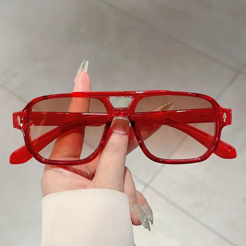 KAMMPT Vintage Rectagnle Sunglasses Men Fashion Double Bridge Square Candy Color Rim Shades Women Chic Korean Style Sun Glasses