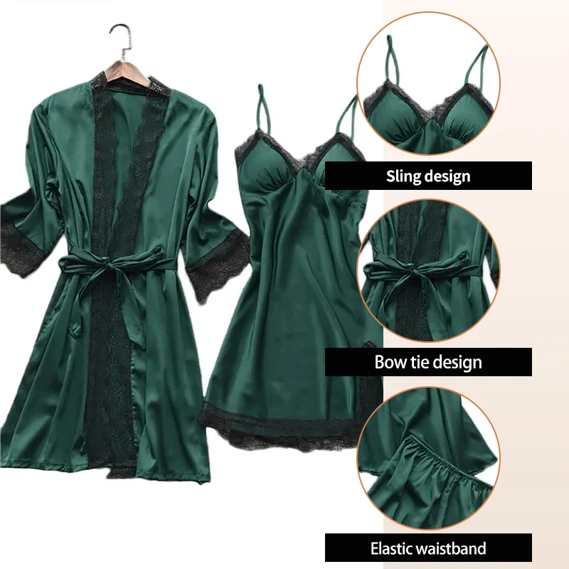 Four Piece Set of Women\'s Green Lace Trimmed Pajama Set Women\'s Home Long Robe Paired with Suspender Straps Pajama Set