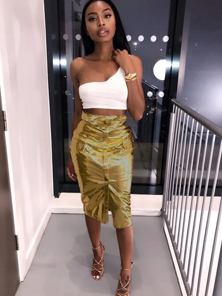 

SKMY 2024 Summer Outfits For Women Streetwear Front Button Solid Color Gold PU Leather Knee-Length Skirt Sexy Party Clubwear