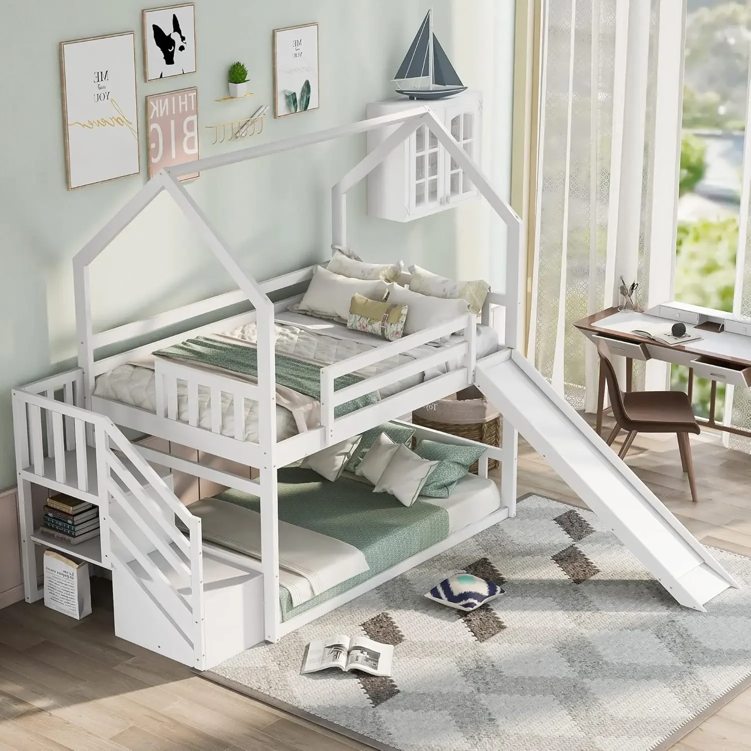 Twin Over Twin Bunk Bed With Slide And Stairs Low House Bunk Bed For Kids Teens, No Box Spring Needed