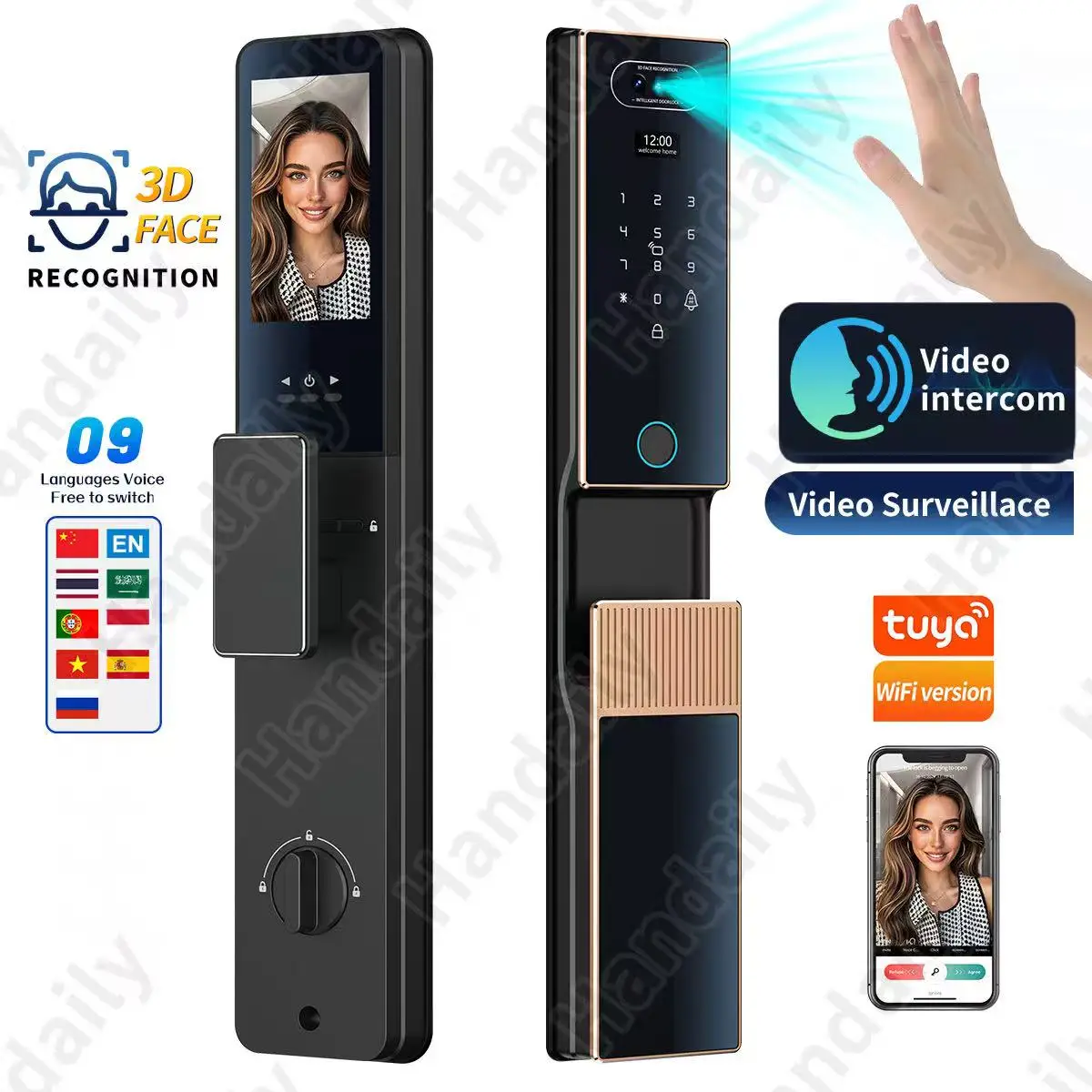 

3D-распознавание лиц с пальмовой веной Tuya Wi-Fi, умный дверной замок с камерой внутренней связи и отпечатком пальца