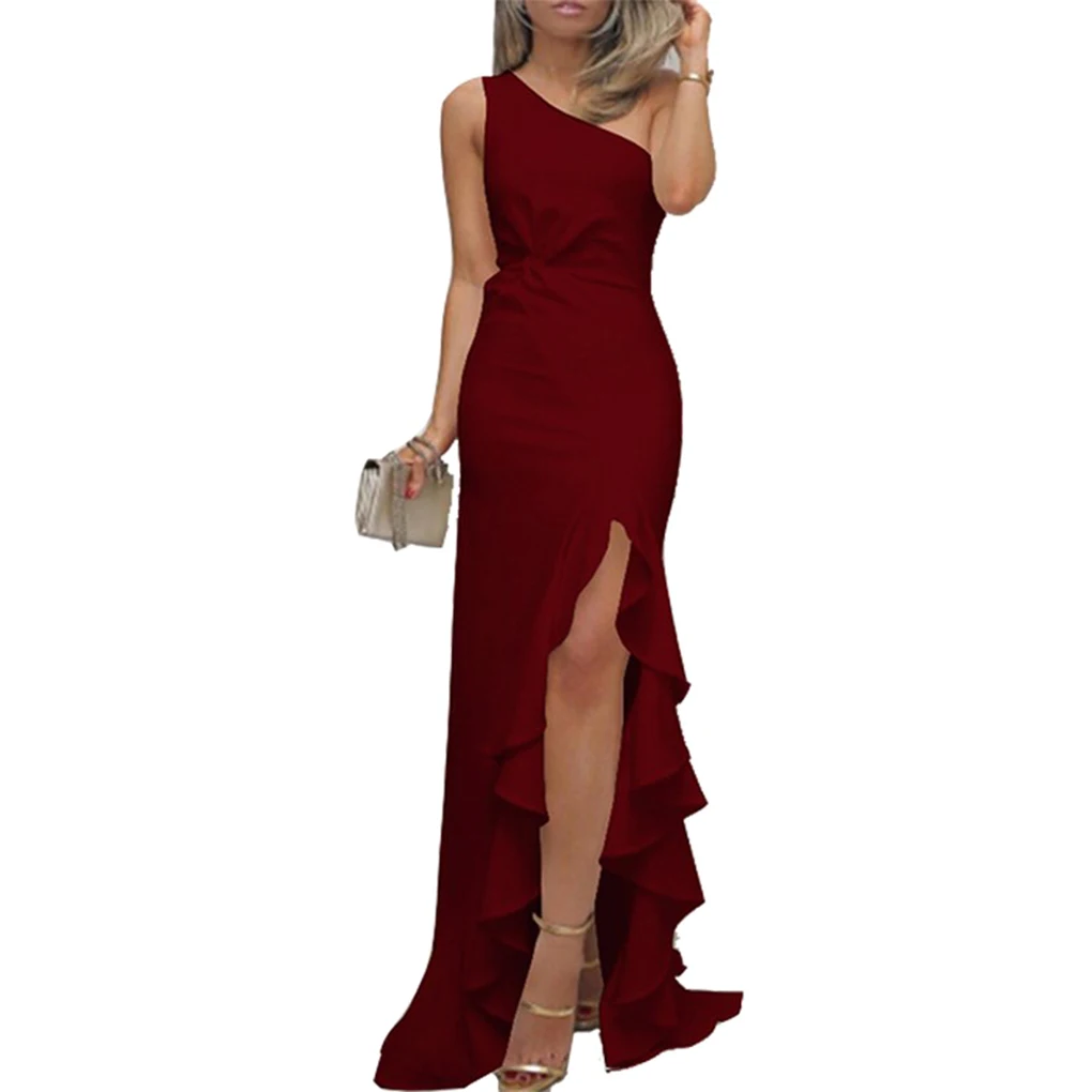 Sloping Shoulder Solid Color Dress Sleeveless High splitting Party Dress Large Hem Ruffled