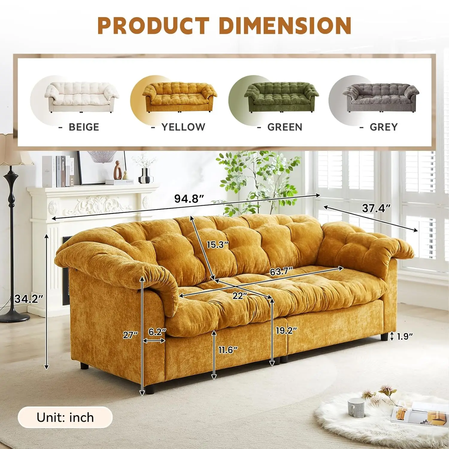 Sofá de 3 lugares, 94,8 polegadas, moderno, confortável, tufado, tecido de chenille, nuvem, espuma macia, assento profundo, sofá de loveseat macio para