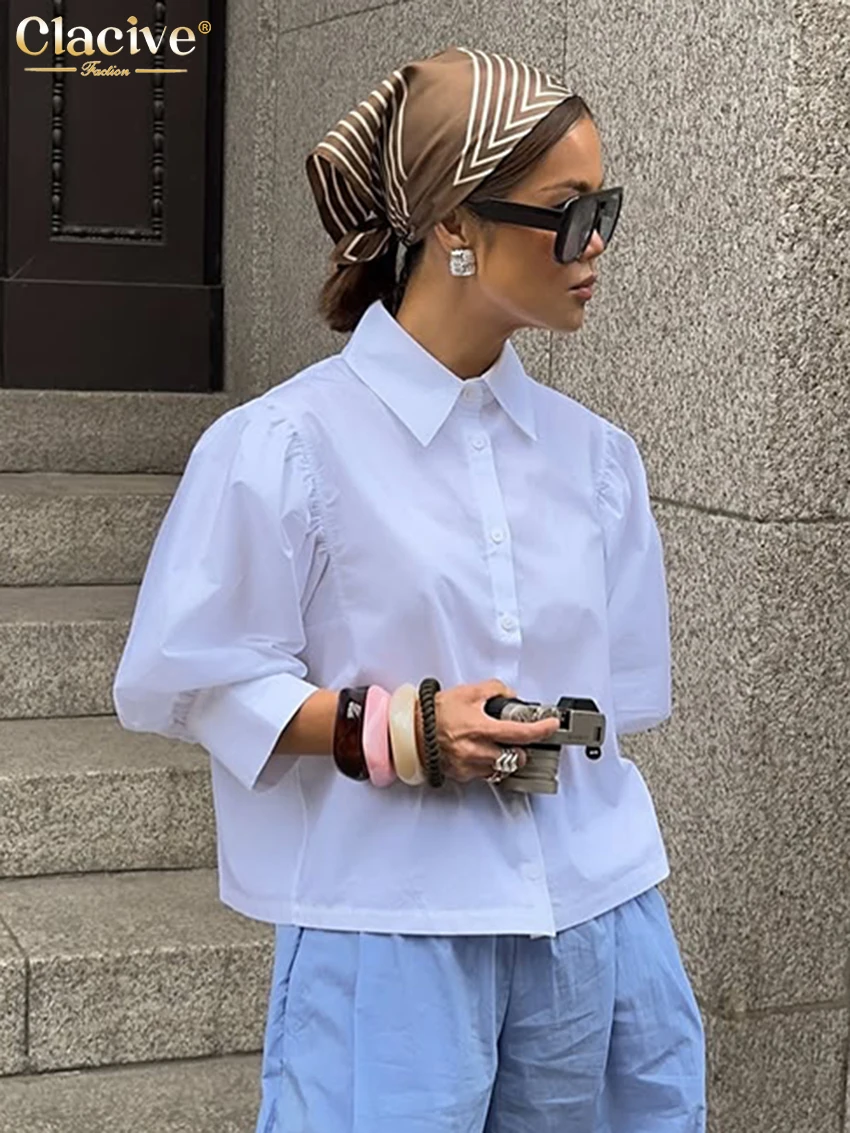 

Clacive Fashion Loose White Cotton Women's Shirt 2026 Casual Lapel Long Sleeve Blouse Elegant Classic Solid Top Female Clothing
