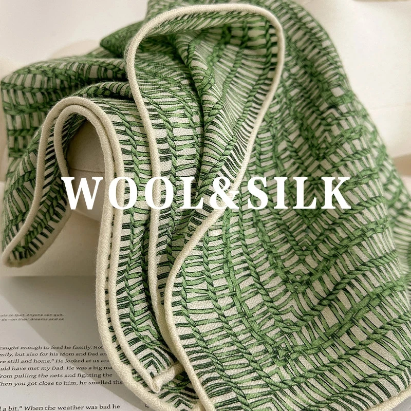 2026 Retro Green Blue Plaid Silk Wool Scarf Women Vintage Original Brand Silk Wool Checkered Scarf Winter Women's Scarves