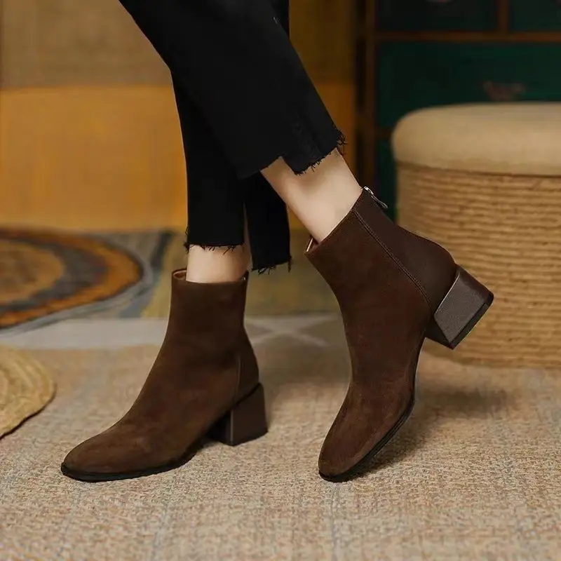 Elegant with Medium Heels Suede Booties Spring Autumn Chelsea Women's Ankle Boots on Promotion Comfortable Female Short Shoes