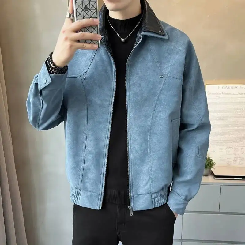 الخريف رجل سترة جلدية خمر الشرير التباين اللون المرقعة رفض طوق الذكور معطف طويل الأكمام يندبروف الرجال ملابس خارجية