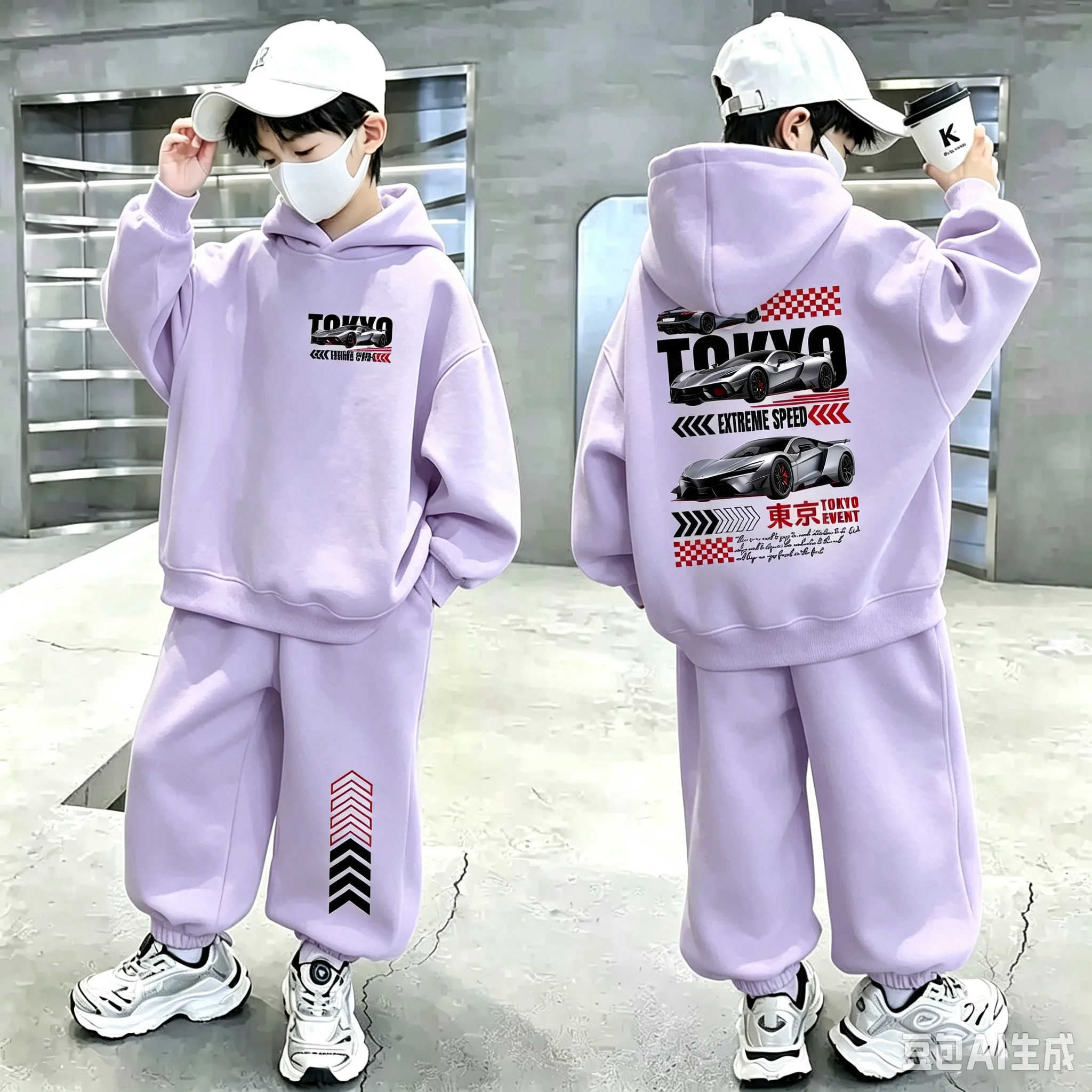 Zweiteiliges Sportoutfit für Jungen mit Kapuze und Rennmütze – Langärmeliges Kapuzensweatshirt mit Shorts für Kinder – Sportbekleidungsset – Detail 6