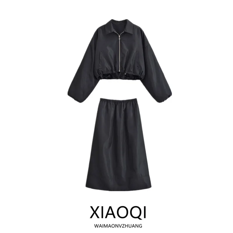 

Fall 2025 New Women's Faion High Waist ort Jaet Long Sve Turn-down Collar Outerwear with Skirt Two-piece Set