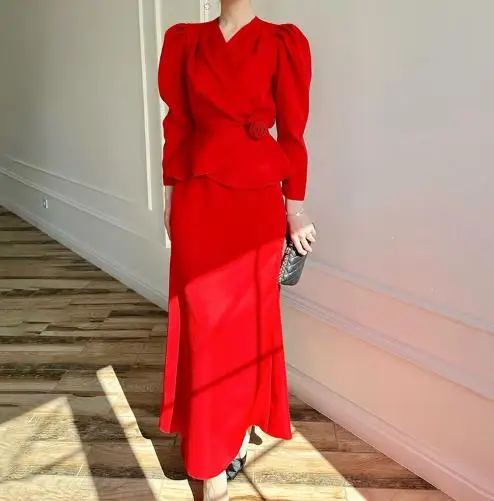 Two Piece Set Women Outfit 2025 Spring Autumn V-Neck Flower Decor Temperament Long Sleeved Top & Casual Slim Long Skirt Set