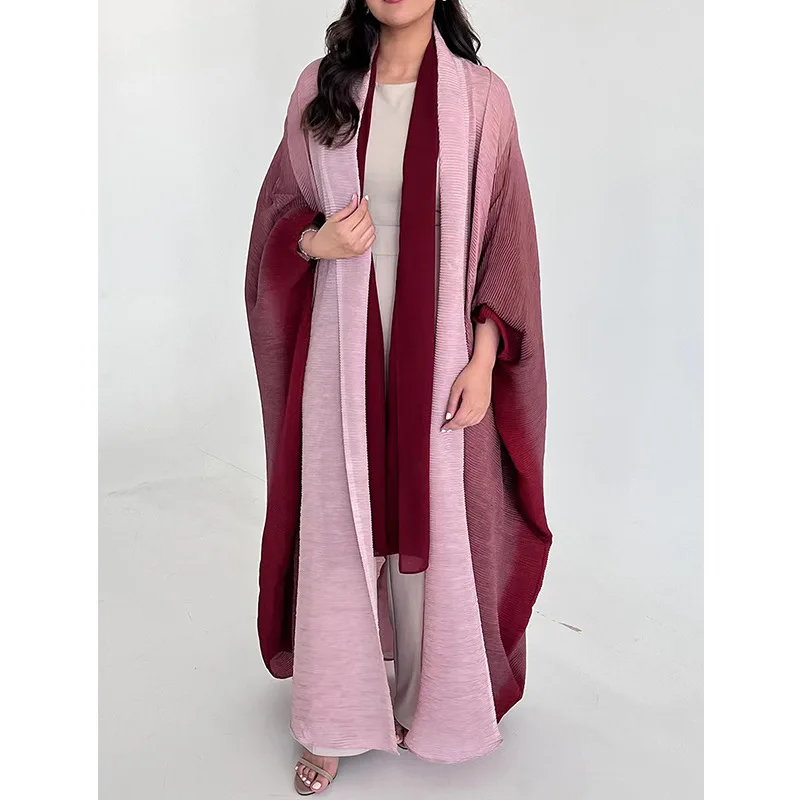 Miyake Pleated Gradient Bat Windbreak abaya Coats Women Fall  Turndown Collar Loose Cardigan Jacket Dress