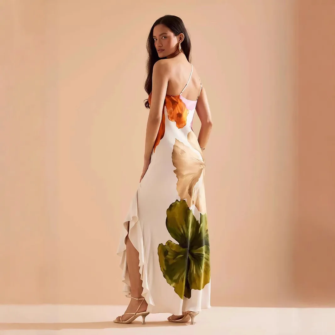 Backless Printed Dresses Maxi Length Refined Commuter with Asymmetric Shoulder Elegant and Refined Summer Single Women Dress
