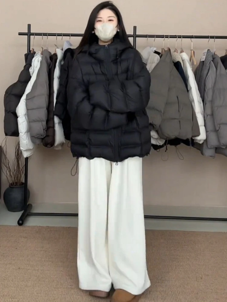 

Winter Faion Women's Bla Hooded down Cotton Jaet High Waist Wide Leg Pants Two Piece Set Casual Comfortable Warm Outfit