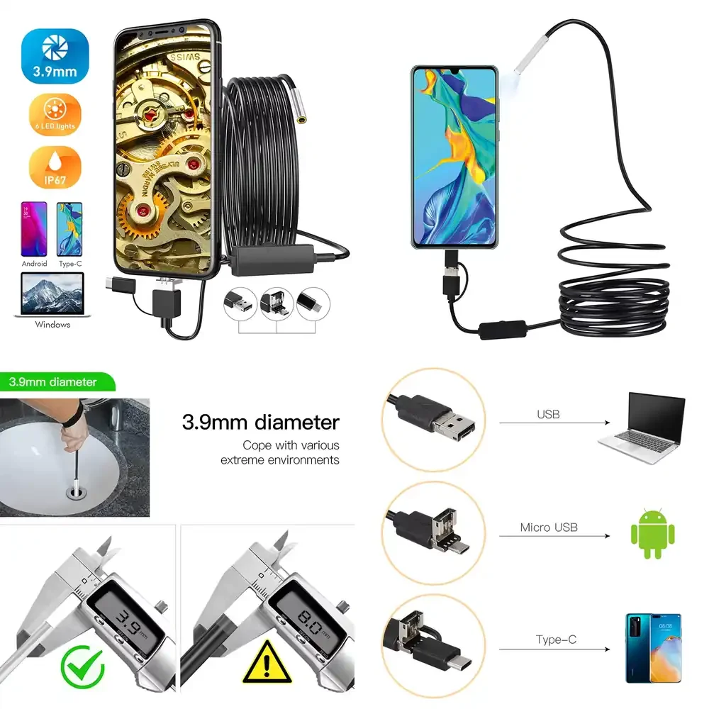 

Y107 Inskam 360 Degree Industrial 39 mm Borescope 3 in 1 Type C Android 6 LED USB Inspection Camera
