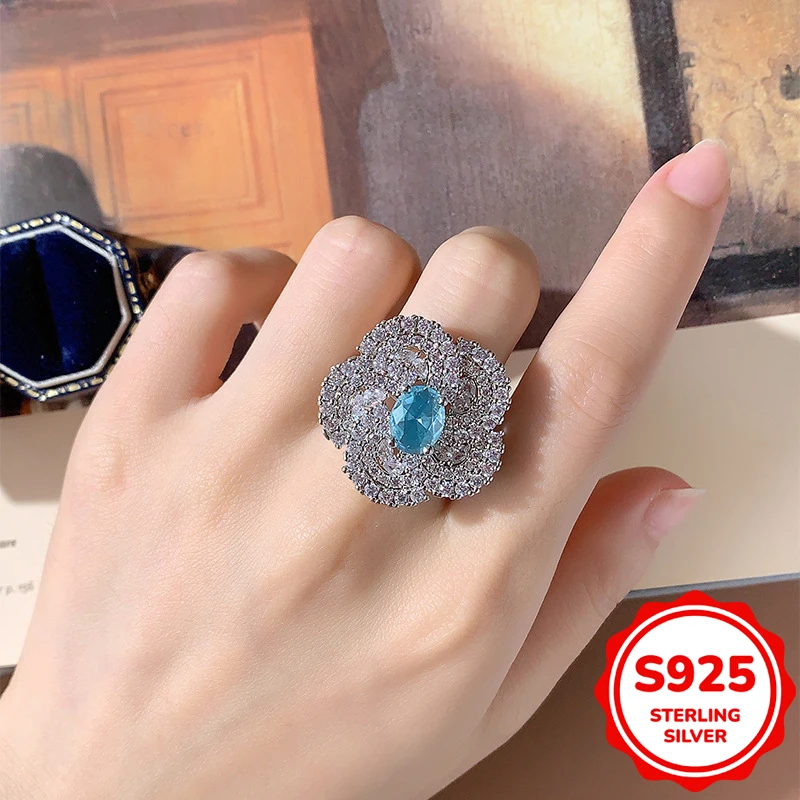 

Luxurious authentic S925 sterling silver flower light sapphire full diamond ring women's open adjustable wedding gift jewelry